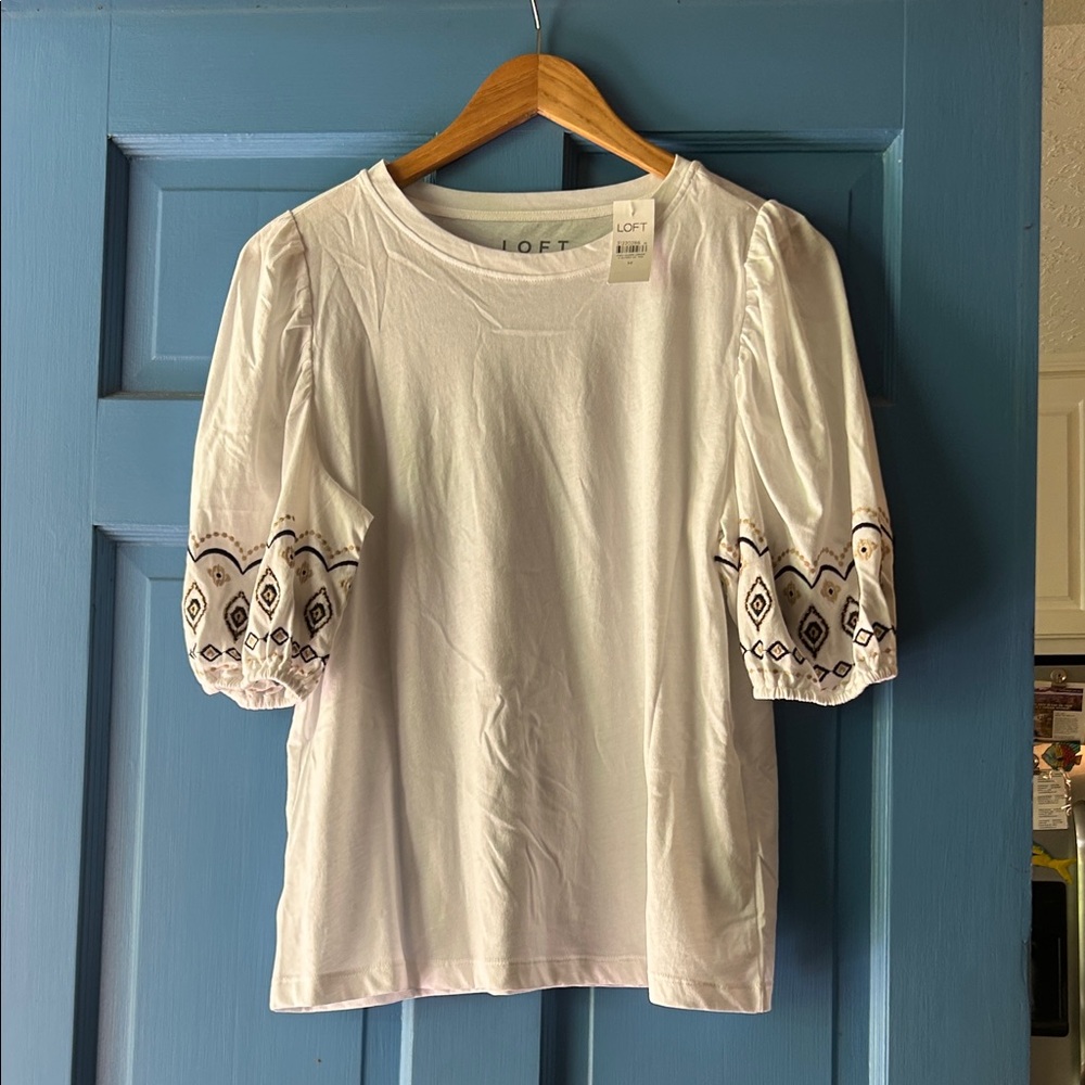 LOFT White Top with Embroidered Sleeves